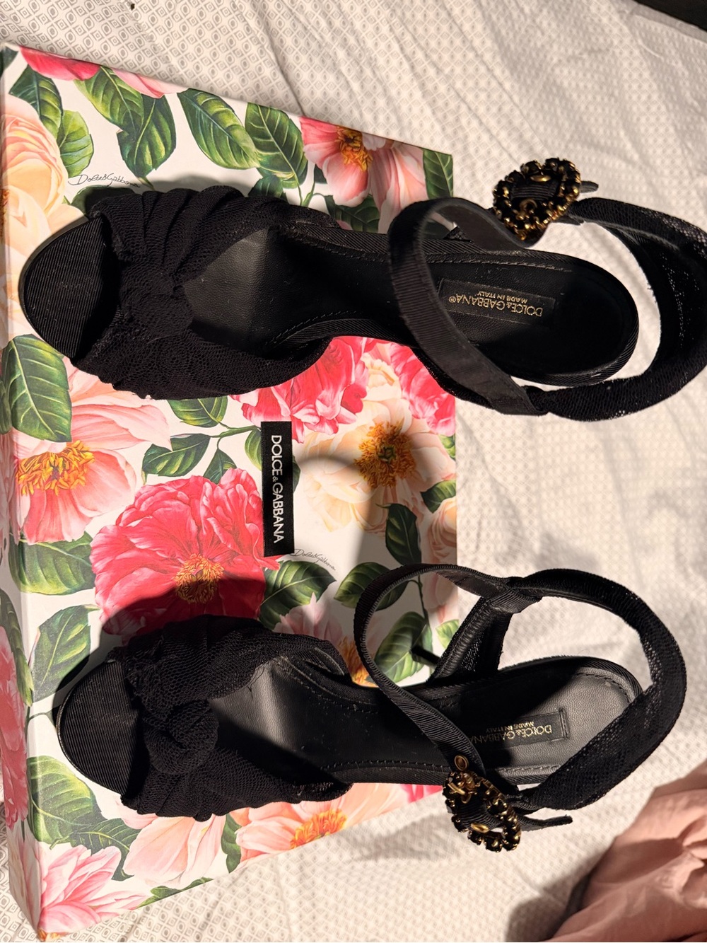 Dolce & Gabbana Black Knotted Open-Toe Ankle Strap Sandals with Gold Buckle